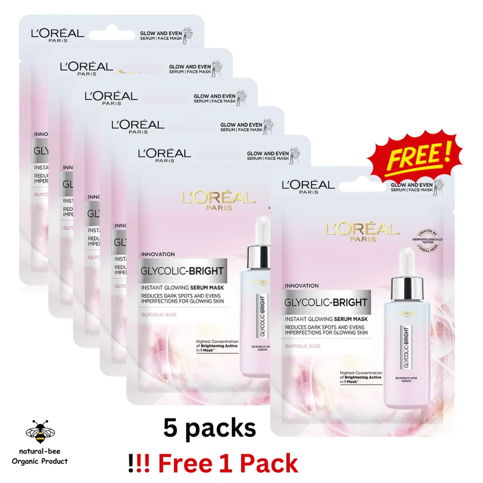 L'Oreal Glycolic-Bright Sheet Mask Instant Glowing Reduces Dark  Spots 5 Free 1 - Image 1 of 4