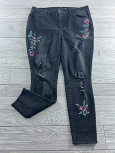 One 5 One Jeans Womens 12 Black Denim Stretch Embroidered Flowers Raw Hem Skinny - Picture 1 of 12