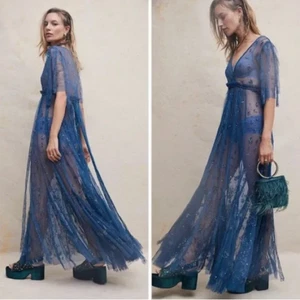 Free People Damen Maxikleid blau Sascha Pailletten Perlen Mesh Slip Größe 2 - Bild 1 von 16