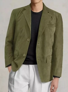 Green Leather Blazer Men Pure Suede Coat Jacket 2 Button Size S M L XL XXL - 319 - Picture 1 of 10