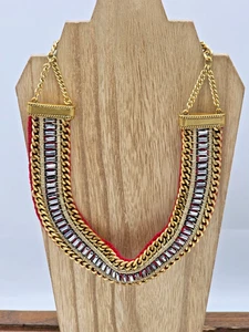 Chico’s Red Velvet Choker Necklace Gold Curb Link Gunmetal Crystals Silver 18" - Picture 1 of 8