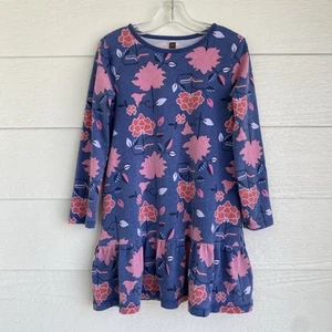 TEA COLLECTION Blue Pink Floral Ruffle LS Dress Size 6 100% Cotton #9F12334 - Picture 1 of 11