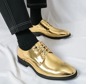 Scarpe uomo oro argento punta mandorla stringate eleganti formali festa matrimonio tacco a blocco - Foto 1 di 9