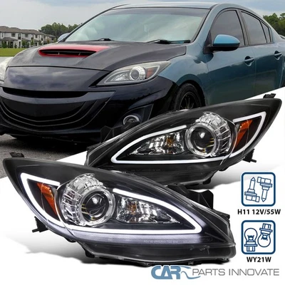 10-13 Mazda 3 Halogen Black Projector Headlights w/ LED DRL Strip Left+Right - Imagem 1 de 4