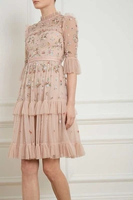 Mini vestido de tule com babado e miçangas inglês em camadas rosa pétala tamanho 4 - Imagem 1 de 4