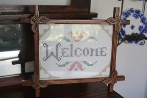 Vintage Wooden Frame w/ Leaves & Cross Stitched Welcome Picture - Picture 1 of 14