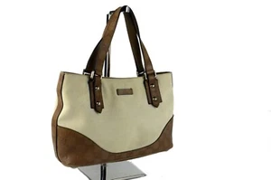 GUCCI Brown Leather & Beige Canvas Tote Handbag Purse Vintage Women's Good Italy - Picture 1 of 12
