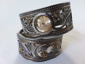 Reloj de puño vintage en tono plateado y dorado y brazalete a juego - cierre de resorte - Imagen 1 de 8