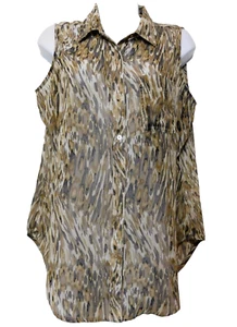 Liz Claiborne Semi Sheer Top M Chiffon Tank Knopf Braun Aquarell Print Büro - Bild 1 von 5