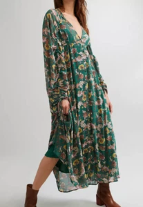 $168 NWT FREE PEOPLE SzS EARTHFOLK RUCHED SLEEVE BUTTON FRONT MAXI DRESS GREEN - Picture 1 of 4