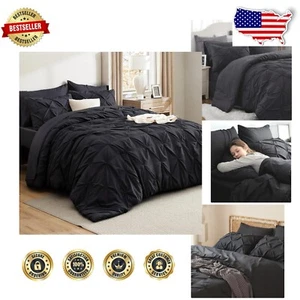 Elegant 7-Piece Full Comforter Set with Pintuck Design - Modern Black Bedding - Picture 1 of 11