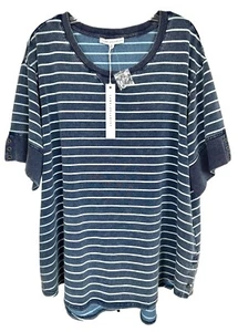 Jane & Delancey Women's Denim Look Striped Blouse Short Sleeve Plus Size 2X Navy - Picture 1 of 8