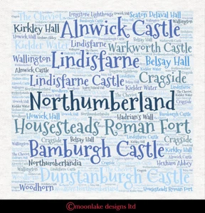 Northumberland Word Art Stoff Panel, Kissen Polster Handarbeit Quilten, Nähen - Bild 1 von 2