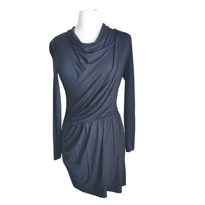 Three Dots Womens Meryl Cowl Neck Shift Dress Black sz M Long Sleeves Faux Wrap - Image 1 of 4