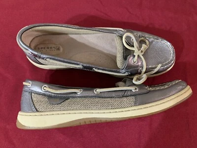 Zapatos Sperry Top-Sider para mujer mocasines de barco de cuero y tela plateados - talla 10M Foto 1 de 4