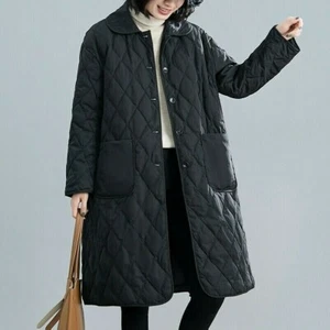 Women Long Puffer Coat Quilted Diamond Button Down Jacket Overcoat Pockets - Picture 1 of 9