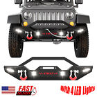 Front Bumper for 2007-2018 Jeep Wrangler JK+Winch Plate & 4 LED Lights & D-Rings
