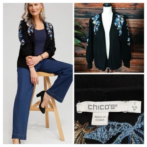 Chicos Sweater Size 1 US M Floral Embroidered Cardigan Open Front Black Knit - Picture 1 of 11