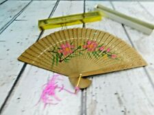 Vintage Oriental Folding Hand Fan Asian Wood w/ Tassel Handpainted