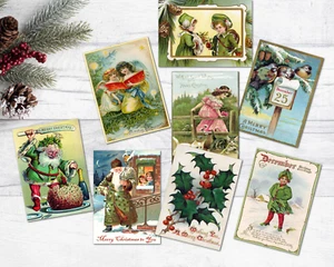 8 Vintage Retro Green Santa Victorian Christmas Card Style ATC Tags/Toppers - Picture 1 of 3