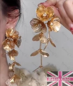 ORECCHINI GRANDI FIORI GIGANTI LUNGHI 12 cm cristallo ORO MODA fiori metallo DICHIARAZIONE - Foto 1 di 4