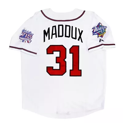Camiseta blanca local Greg Maddux Atlanta Braves 1999 Serie Mundial para hombre (S-3XL) Foto 1 de 4