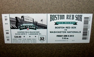 Boston Red Sox 6/8/2012 Ticket vs Washington Bryce Harper HR #6 Strasburg W #13 - Picture 1 of 3