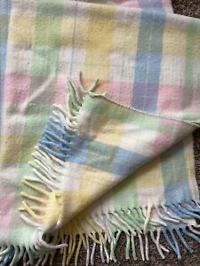 Beacon Baby Acrylic Blanket Plaid Blue Pink Yellow Green Pastel Thick Fringe Vtg