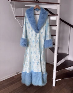 Scarlett Gasque Dressing Gown XS/S Blue Arctic Queen Belted Silk & Faux Fur - Picture 1 of 10
