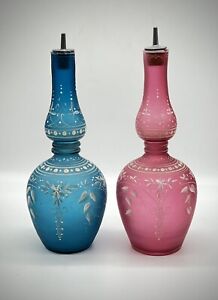 Stunning Pair Of Handpainted Antique Satin Glass Barber Bottles 9.5”