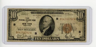 1929 $10 FEDERAL RESERVE BANK OF NEW YORK, NY BROWN SEAL VF - Image 1 of 2
