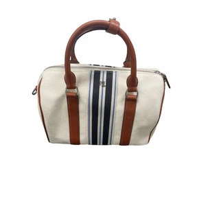 Ralph Lauren Handbag Cotton Tote Canvas Leather Blue Cream Long Short Handle - Picture 1 of 10