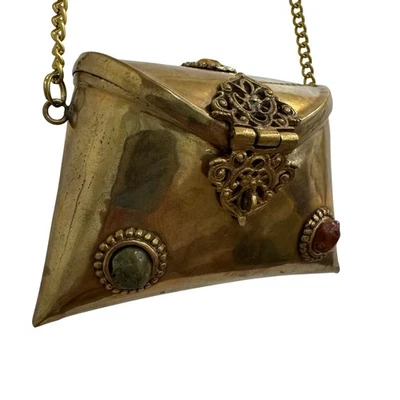 VINTAGE Antique Brass w Gems Flapper Pillow Envelope Purse Long Chain Velvet - Image 1 of 4