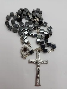 Vintage Rosenkranz Quadrat Hämatit Reliquie Fatima Perlen Katholisch Kruzifix 17 Zoll - Bild 1 von 6