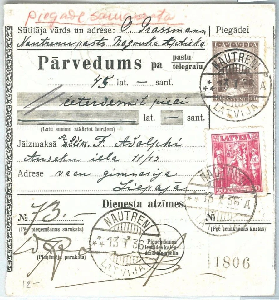 68981 - LETONIA - HISTORIA POSTAL - GIRO POSTAL: Nautreni 1936 Foto 1 de 1