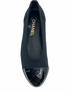Auth Chanel Black Fabric Patent Cap Toe Ballet Flats Sz 35 5 - Picture 1 of 7