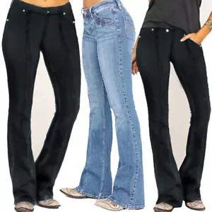 Women Slim Fit Denim Long Pant Flared Jeans Low Waist Ladies Stretchy Denim Pant - Picture 1 of 4