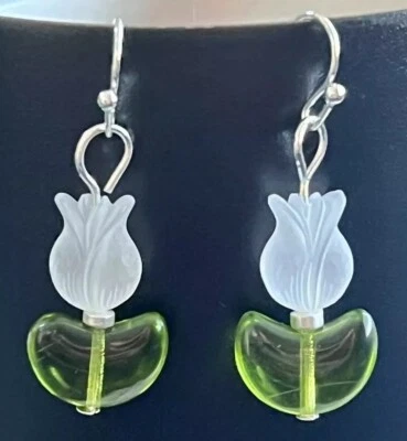 Silver with Etched White Rose Bud and Green Glass Leaf Bead Earrings. Tulips - Image 1 of 3