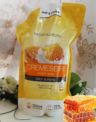 500ml Soft&Gentle Cremeseife Nachfüllbeutel Milch Honig Hände Seife flüssig  - Bild 1 von 2