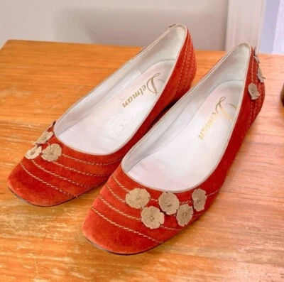 Vintage Delman Embellished Suede Flats 8M Burnt Orange $299 EUC Preppy Casual - Image 1 of 4