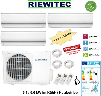 Triple MultiSplit 3x2,6 KW RIEWITEC Klimaanlage 6,1/6,6 KW, WiFi, 3x5m K-Leitung - Bild 1 von 4