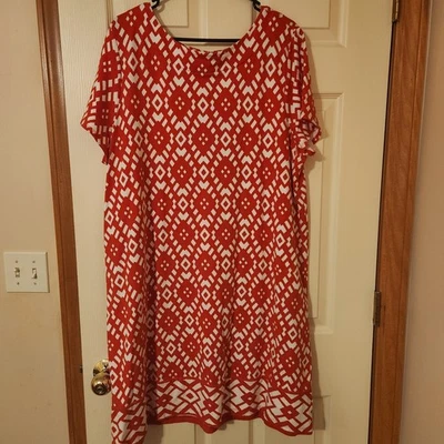 Vestido Susan Graver Estilo Fin de Semana Talla XL Rojo Blanco Estampado Geométrico Elastizado Cómodo Foto 1 de 4