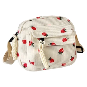 Creme Cord Erdbeermuster Schultertasche Handtasche Umhängetasche Neu - Bild 1 von 13