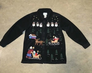 Quacker Factory Black Christmas Women's Medium Fleece Jacket Shacket Snow Scene - Picture 1 of 14