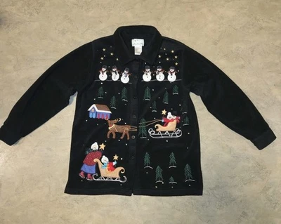 Quacker Factory Black Christmas Women's Medium Fleece Jacket Shacket Snow Scene - Image 1 of 4