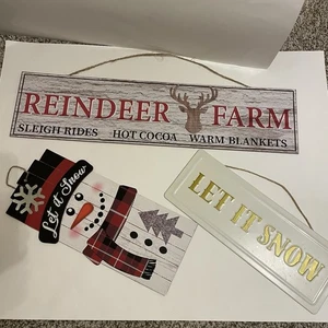 Juego de 3 letreros colgantes de pared de Navidad de madera y metal muñeco de nieve de reno - Imagen 1 de 4