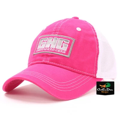 AVERY GREENHEAD GEAR GHG LOGO MESH BACK TRUCKER HAT BALL CAP PINK & WHITE - Image 1 of 3