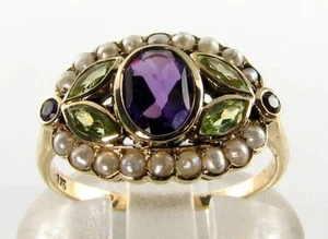 SUFFRAGETTE 9K 9CT YELLOW GOLD AMETHYST PERIDOT PEARL ART DECO INS CLUSTER RING - Picture 1 of 5