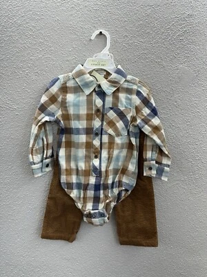 Max Studio Baby Outfit Size 12M 3 Piece Set Flannel Cordory Pants & Overalls — 第 1/4 张图片