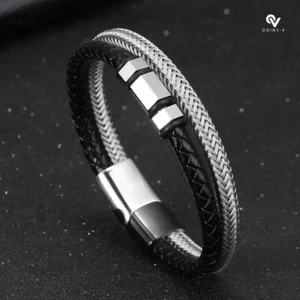 Men's Stainless Steel Leather Bracelet Magnetic Silver Clasp Wristband black - Picture 1 of 11